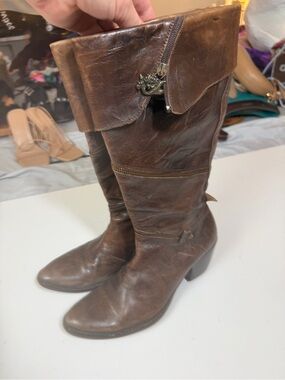 Siren Y2K Vintage? Brown Leather Mid-Calf Zipper Details Boho Western Boots Sz 9